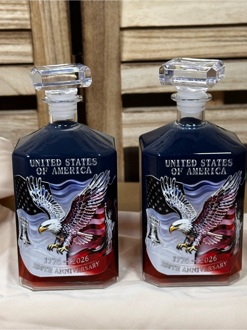 Source Unknown Blue and Red United States Eagle Glass Decanters
